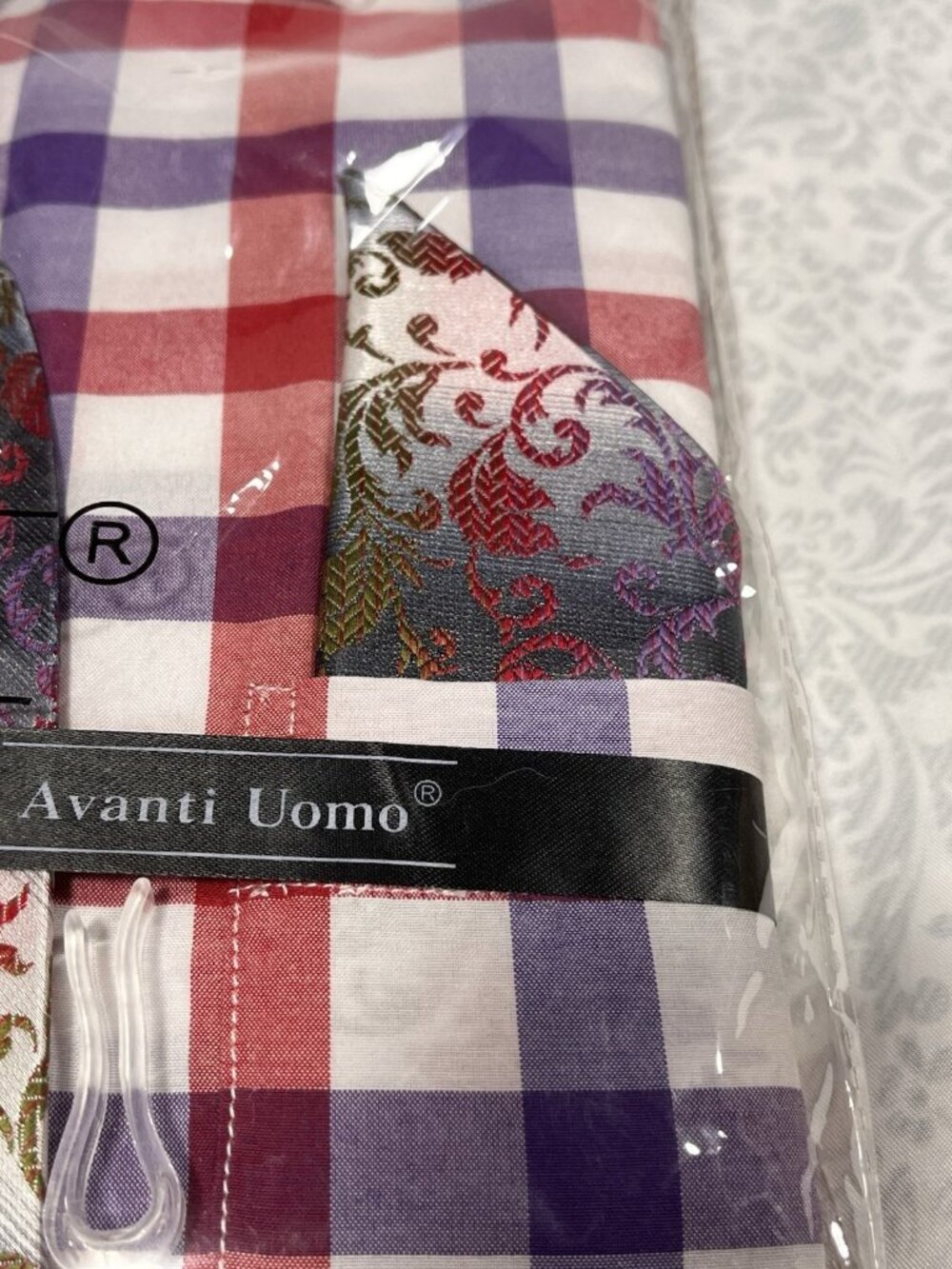 Avanti Uomo Dress Shirt Set 17.5 36/37 XL Plaid Paisley Tie Pocket Square NWT - Picture 4 of 13
